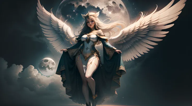 Full body,1 female, angel, giant wings, flying in air, looking down at viewer, 4k, hd wallpaper, symmetrical, hovering in air, wide hands, moon in background