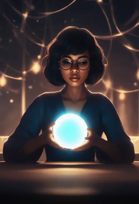 ((1girl)), anime, short dark hair, dark skin, shiny glasses lenses, mouth closed and expressionless, sitting, with her hands holding a glowing orb while two other glowing spheres orbit around her.