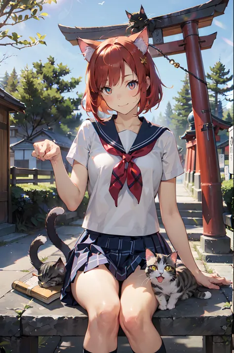 masutepiece, Best Quality, Detailed beautiful face and eyes, Full body, The best illustrations, PastelColors, (jpn、Shrine 1.4), Red torii gate, beauitful face, blurry backround, 10 year old beautiful girl, shinny skin, (１The tail of a cat in a book grows:1...