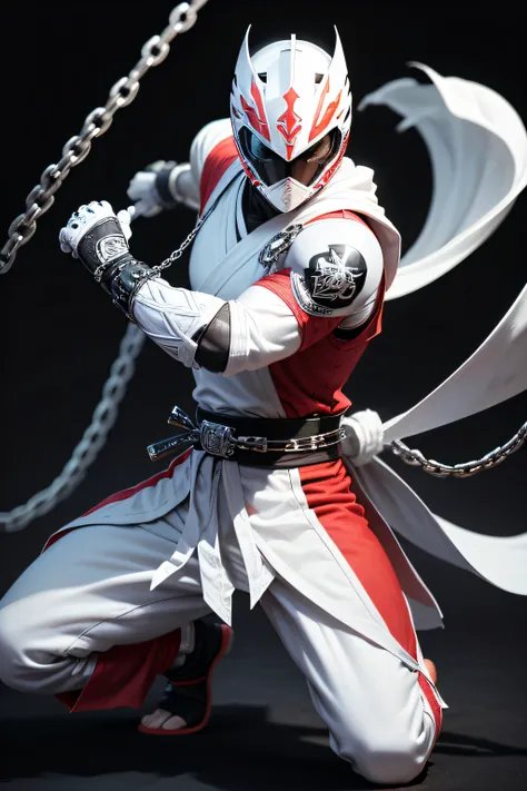 create a white ninja power ranger, full body , black background , chains , a bit samurai theme ,