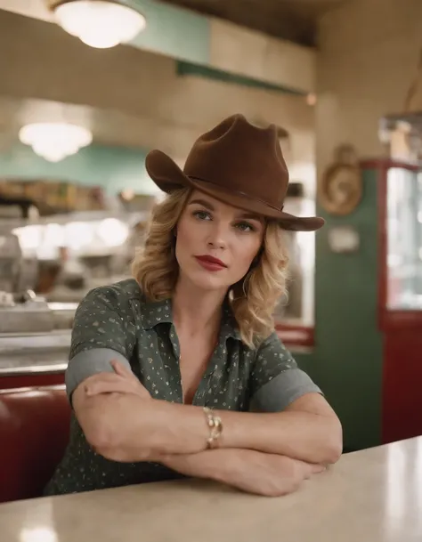 sarah moore sitting at the diner, in the style of mickalene thomas, cowboy imagery, instant film, poodlepunk, candid, framing, high dynamic range