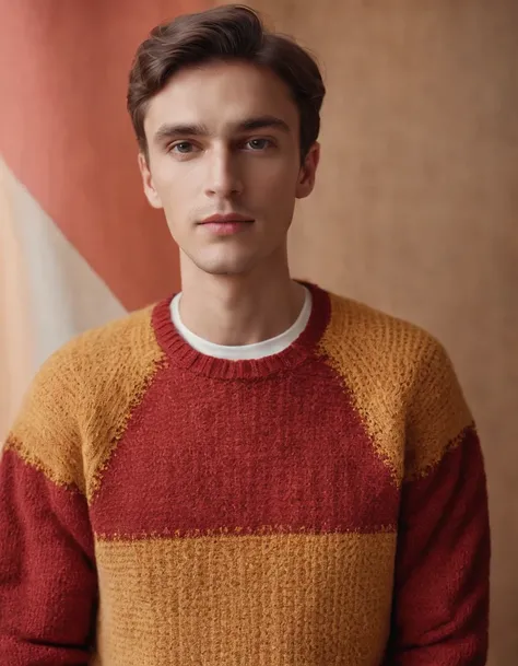 man in a sweater standing against a red curtain by johl ross for stocksy united, in the style of psychedelic patchwork, light maroon and yellow, danish design, knitted and crocheted, multiple patterns, close up, wavy --no watermarks