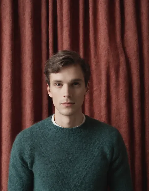 man in a sweater standing against a red curtain by johl ross for stocksy united, in the style of psychedelic patchwork, light maroon and yellow, danish design, knitted and crocheted, multiple patterns, close up, wavy --no watermarks