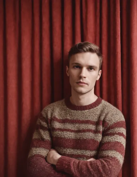 man in a sweater standing against a red curtain by johl ross for stocksy united, in the style of psychedelic patchwork, light maroon and yellow, danish design, knitted and crocheted, multiple patterns, close up, wavy --no watermarks