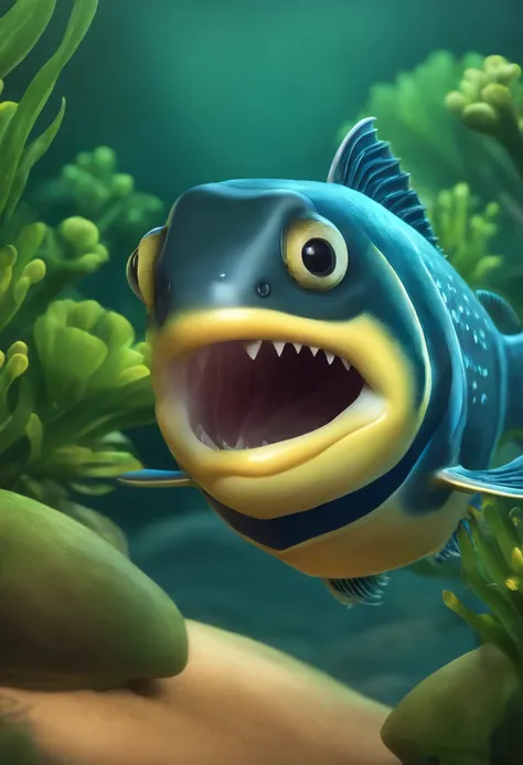 Fish head，Tail of a fish，Human body，Humanoid body，It has fins and scales，super adorable，sprout，cartoony，with a round face，largeeyes，little mouth