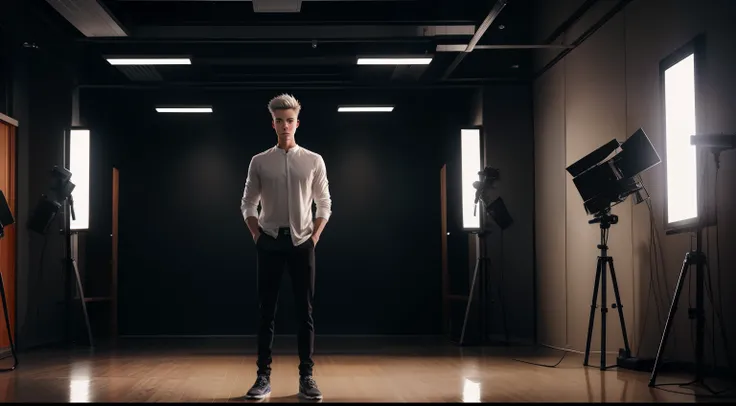 young man name urban legend with short spiky hair in Studio co seeing camera front standing   alone show full body