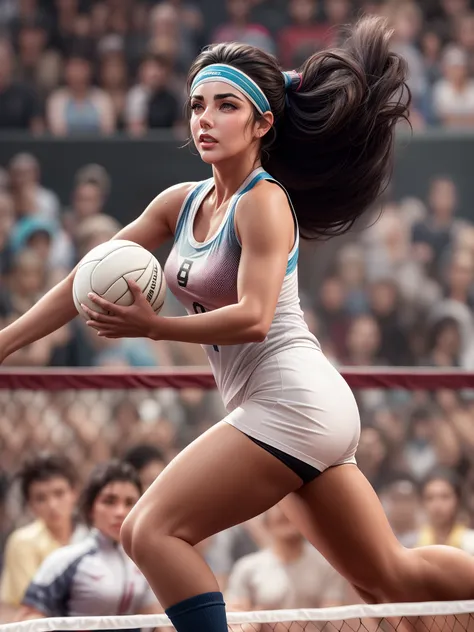 Fit, Athletic, Modern Elizabeth Taylor wears a stylish volley jersey, at volley field tournament, sweaty, energentic, detailed face, insanely detailed and intricate, volumetric lighting, spectators crowd at background, professional masterpiece photo realis...