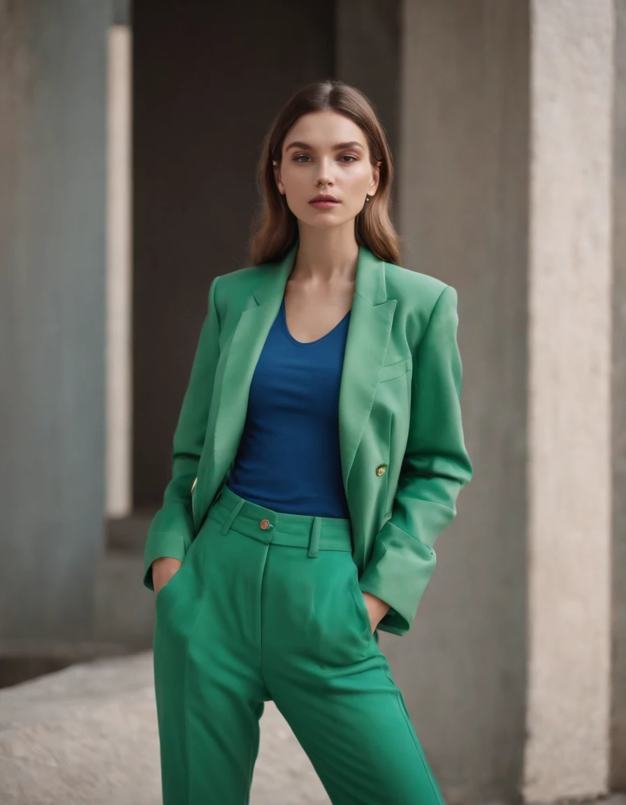 a young woman wearing a blue jacket and green pants, in the style of color-blocked shapes, inna mosina, voluminous forms, new american color photography, heatwave, full body, elongated