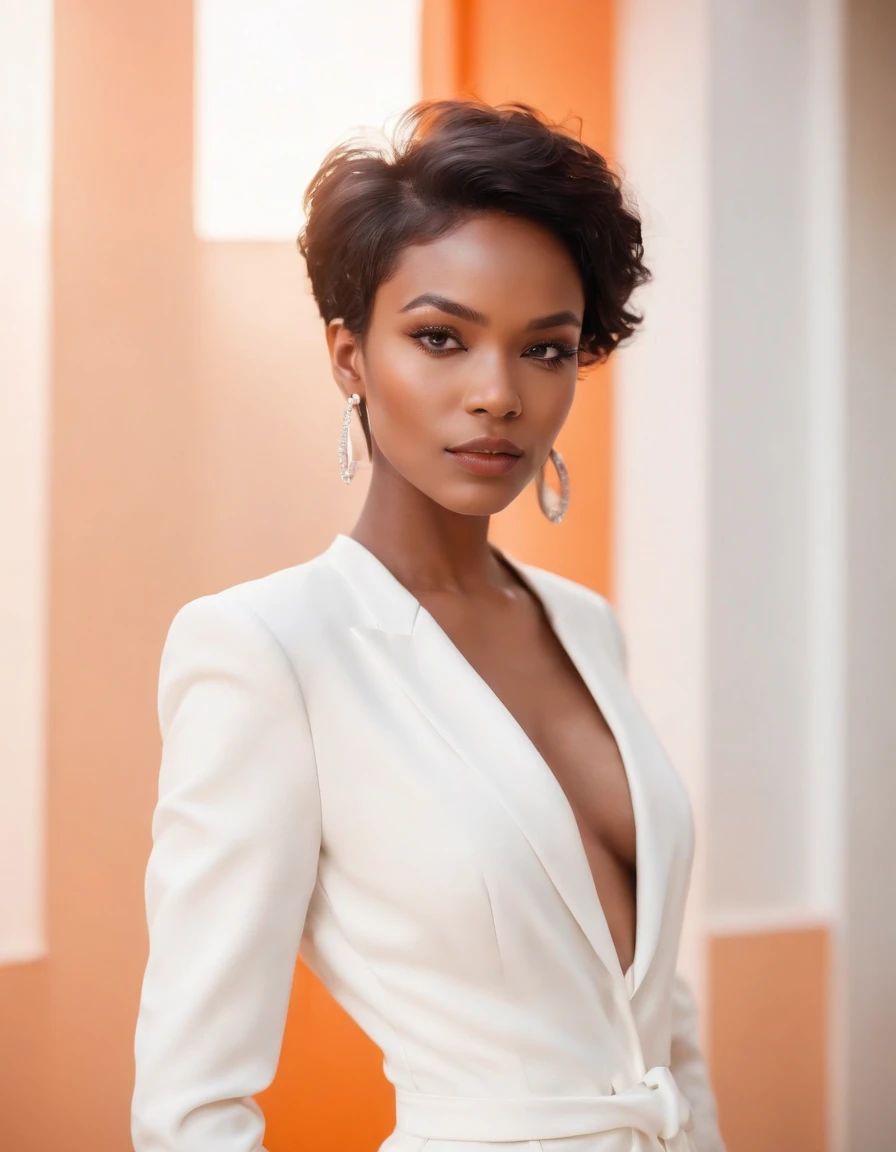 black woman short hair, fashion model pose, wearing white fashion designer suit, earrings and orange wall, sun lighting, half length shot, high quality photo