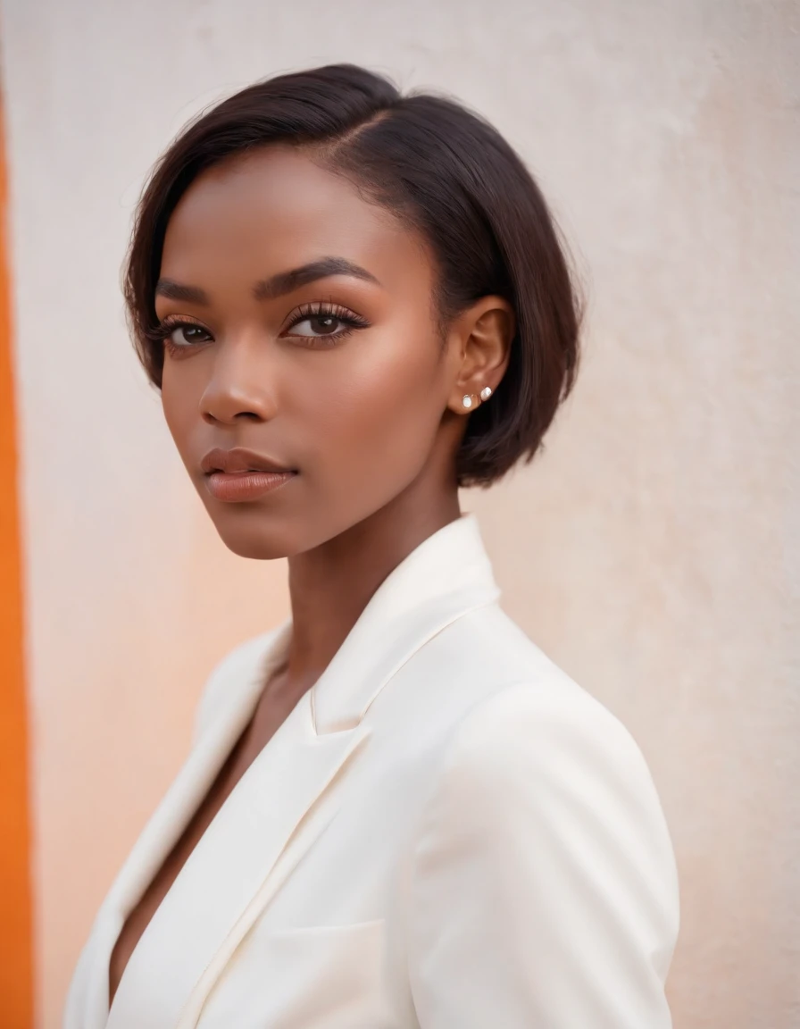 black woman short hair, fashion model pose, wearing white fashion designer suit, earrings and orange wall, sun lighting, half length shot, high quality photo