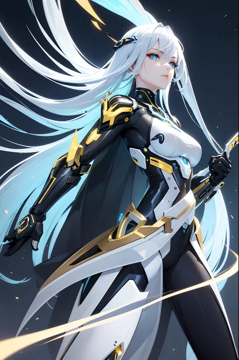 AI　SciFi　cyborgs　Intricately organically finely divided platinum partial protector　Golden Articulated Mechanical Parts　Head of a silver-haired woman　One skin　Partly metal pads　Neon sign urban area　Dynamic and dynamic　Sword Action Pose