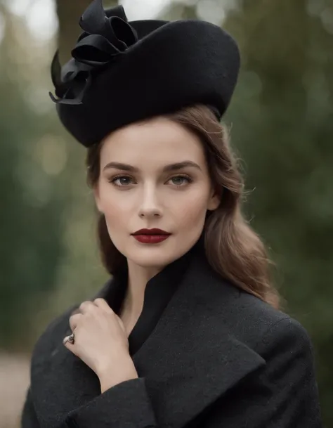 a beautiful woman wearing a coat and hat, in the style of carolina herrera, gothic undertones, unique and one-of-a-kind pieces, 32k uhd, bold curves, classic, frederick sandys