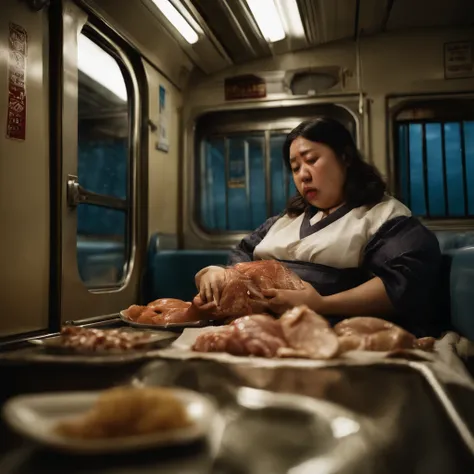 A hyper-realistic、downpours、Womans bedroom at night with dirty curtains closed due to mass rotting offal, seafood, Manure and vomit scattered on polluted and murky sewage bent and flowing on the train floor.、Japan fat woman in her 20s、While distorting the ...