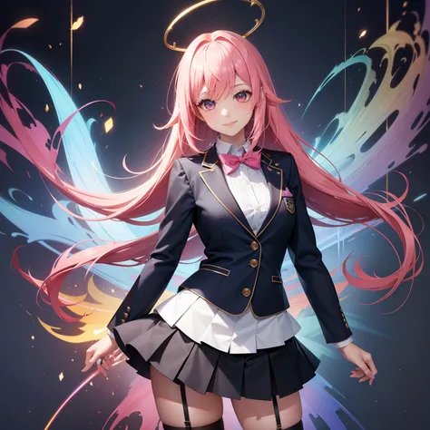 full body Esbian, masutepiece: 1.2, Highest Quality), (Live-action, elaborate details), (1 Lady, Solo, Upper body,) Clothing: Edgy, Navy Blazer, pink miniskirt, High School Uniform , Avant-garde, Experimental appearance: Long pink twin-tailed hair Location...