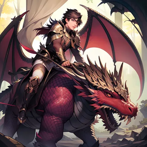 ((raw photogr)), ((tmasterpiece)), absurderes, a high resolution, ultra detailed, a handsome boy rides on the back of a dragon，e...