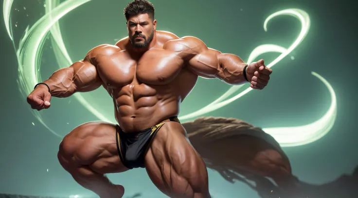 (Extremely detailed 8k wallpaper), A Chinese shaman,High detail, Dramatic ，short detailed hair，short mustache，Wear bright gold thongs，Perfect figure with tattoos, Very huge and strong body, Bulging muscles, musculous, Very large pectoral muscles，Very sexy ...