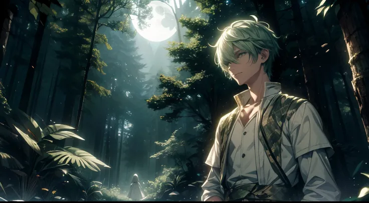 A scene on the edge of the forest on a moonlit night. A character with short green hair and white clothes stands among the trees facing the viewer. This character holds an exotic snake that coils around his arms and seems to be an extension of himself. The...