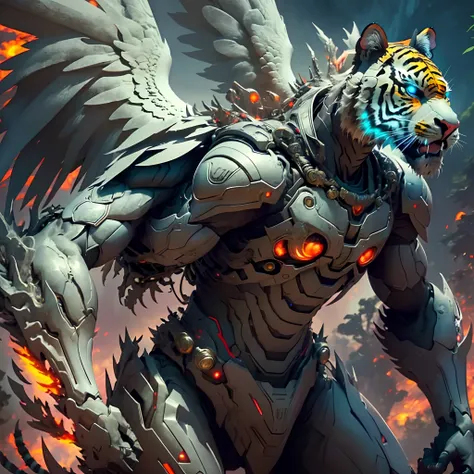 Electric storms brought by lightning,Dangerous creatures in the jungle,anatomy correct,(Realistic giant tiger wearing a tech helmet:1.4),(The eyes glow red:1.4),Hyper-detailing,(A pair of huge angel wings grew on his back:1.5),(The tail is covered with sha...