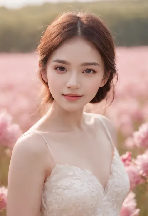 Best quality, Masterpiece, 超高分辨率 (Photorealistic: 1.4), RAW photo, 1 girl, White dress, Bare shoulders, Blooming pink flower field, Glowing skin, Slight smile