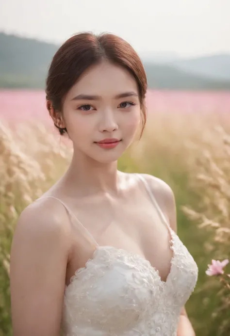 Best quality, Masterpiece, 超高分辨率 (Photorealistic: 1.4), RAW photo, 1 girl, White dress, Bare shoulders, Blooming pink flower field, Glowing skin, Slight smile