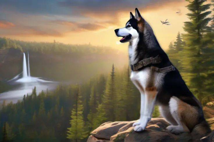 Generate a hyper HD photo-realistic image depicting a rustic man and a dog half wolf, half siberian husky, playfully interacting. Man is wearing camouflage fatigues, standing on few rocks in a clearing in a sholay forest area. The setting should resemble t...