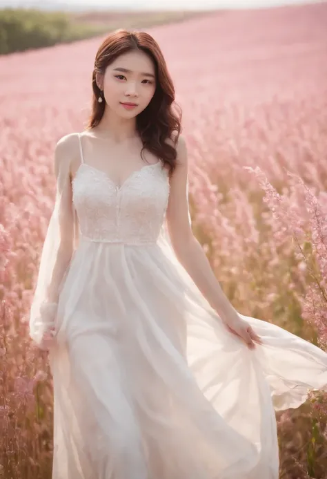 Best quality, Masterpiece, 超高分辨率 (Photorealistic: 1.4), RAW photo, 1 girl, White dress, Bare shoulders, Blooming pink flower field, Glowing skin, Slight smile