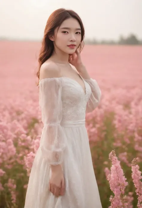 Best quality, Masterpiece, 超高分辨率 (Photorealistic: 1.4), RAW photo, 1 girl, White dress, Bare shoulders, Blooming pink flower field, Glowing skin, Slight smile