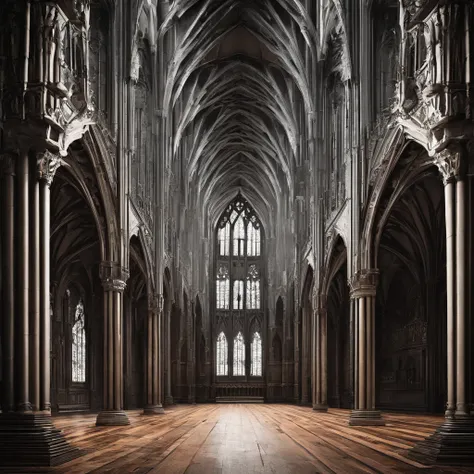 A wide and long Gothic hall with a high ceiling and numerous buttresses with columns, At the end of the hall there is a tall and wide gate made of wood.