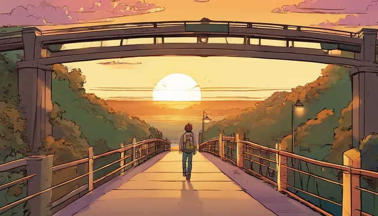 Title: "Twilight Stroll"

Prompt: In a Japanese manga-style comic strip, depict a male character taking a leisurely walk on a bridge during a tranquil twilight hour. The setting features the warm glow of the setting sun, casting a beautiful hue over the sc...