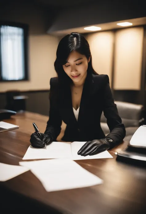 Wearing black leather gloves in both hands, upper body, black business suit, facing the desk in the modern study in the dark, looking down, smiling, writing a letter using a fountain pen, long, straight black hair, young and cute face Japanese female new e...