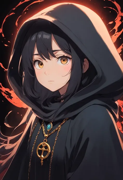 Girl in a black hood, black flowing hair, black mantle, There is a chain around the neck, Black background