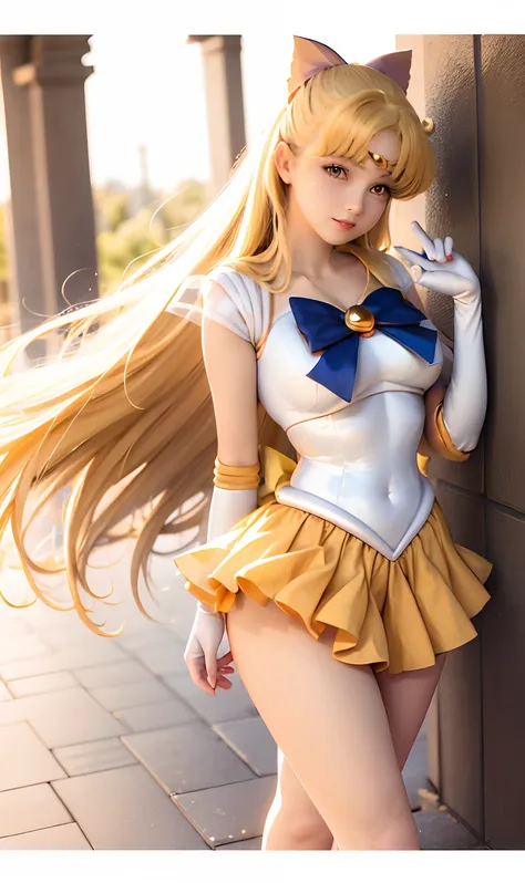 arafed woman in a costume posing for a picture, sailorvenus、a sexy、beautiful facial features、ayaka cosplay, the sailor galaxia. ...