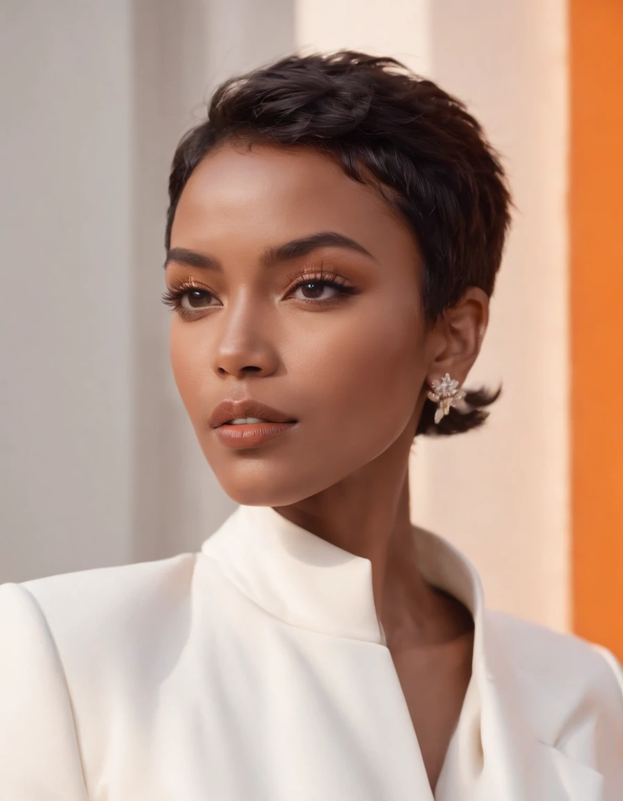 black woman short hair, fashion model pose, wearing white fashion designer suit, earrings and orange wall, sun lighting, half length shot, high quality photo,(medium shot)