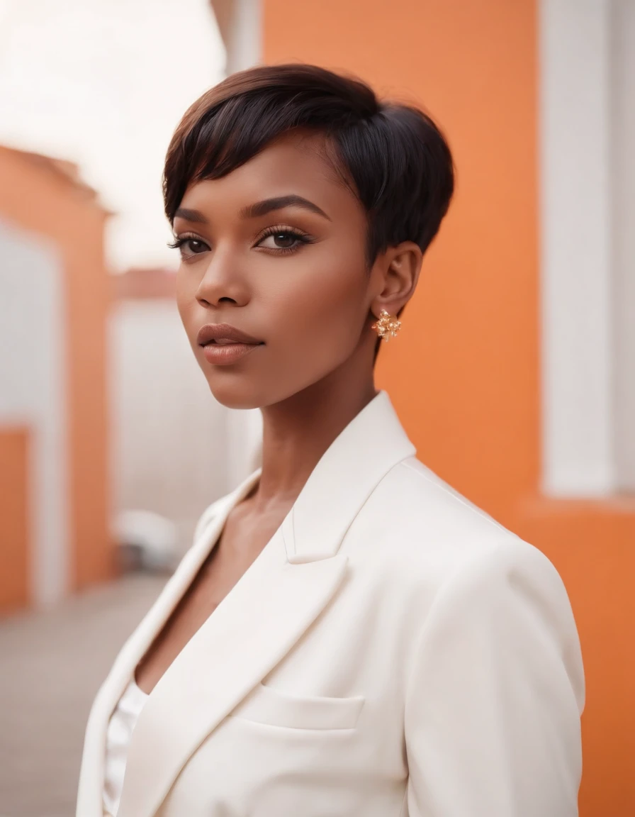 black woman short hair, fashion model pose, wearing white fashion designer suit, earrings and orange wall, sun lighting, half length shot, high quality photo,(medium shot)