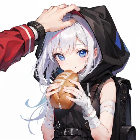 girl，adolable，Wrapped around bandages，Wearing a hood，Eating bread，Smiling