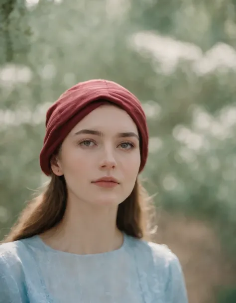 Young woman in hat with a shirt on her head, Light sky blue and crimson style, Fujifilm Pro 400H, kintsugi, Alex Colville, UHD image, Bard style, Fauvist portraiture --