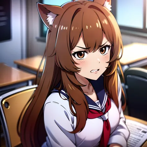 bra maestra, raphtalia, brownhair,angry,school uniform, en medio de la calle, retrato,face closeup, sitting on a desk in classro...