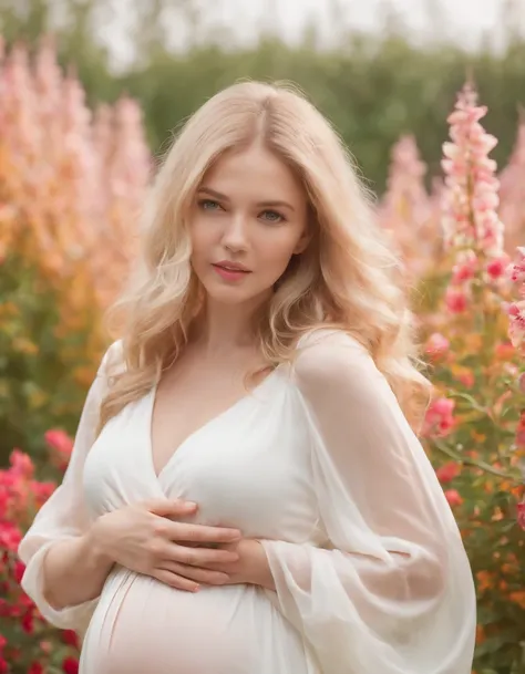 an up close photo of a pregnant woman, Beautiful pregnant woman, Stand with your hands dangling, long hair flowing with the wind, In the middle of colorful flower beds, White dress,((golden short hair))