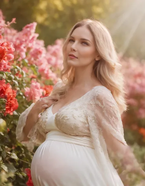 an up close photo of a pregnant woman, Beautiful pregnant woman, Stand with your hands dangling, long hair flowing with the wind, In the middle of colorful flower beds, White dress,((golden short hair))