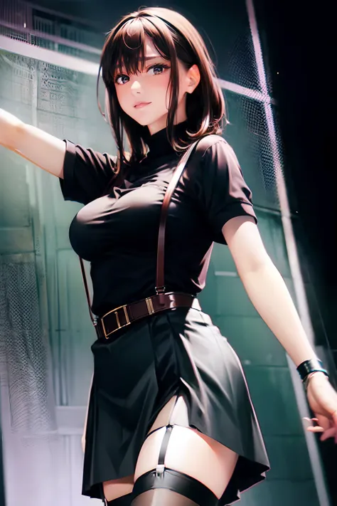 Black skirt, 　suspenders, Brown hair Gray eyes, Garter belt on the legs, Tight black clothes, 　　 a belt　Armpit sweat　　Dark look　Moderately breasts　holster　chain　　poneyTail