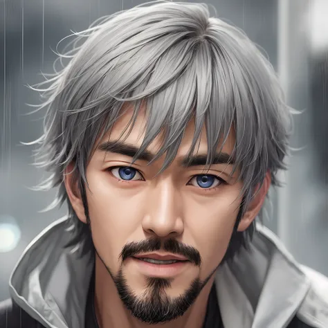 super realistic photo of 35 years Japanese Gentleman, Grey short hair with  some white spotlight, close up face, an easy going and casual look with dark grey eyes, wet look style, eyes look cheerful and sharp, 2084k quality --auto --s2