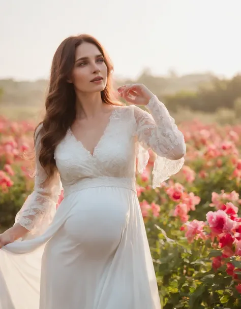 Cowboy Shot，Medium Long Shot，pregnant woman，Beautiful girl, Stand with your hands dangling, long hair flowing with the wind, In the middle of colorful flower beds, White dress