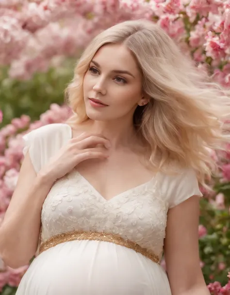 an up close photo of a pregnant woman, Beautiful pregnant woman, Stand with your hands dangling, long hair flowing with the wind, In the middle of colorful flower beds, White dress,((golden short hair)),beautiful flower