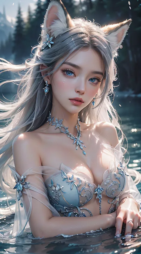 masterpiece, best quality,
official art, extremely
detailed cg 8k wallpaper,
(flying petals)
(detailed ice) , crystals
texture skin, cold
expression, ((fox ears)),
white hair, long
hair, messy hair, blue eye,
looking at viewer,
extremely delicate and
beaut...