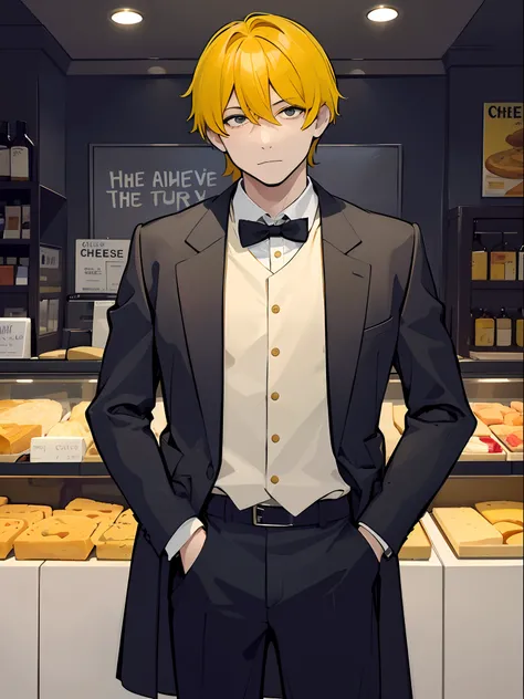 This man should have attributes that depict a close association with cheese. the man has hair made of cheese that looks soft and yellowish in color. he wears clothes similar to the outer layer of cheese, such as a suit that looks like a typical cheese crus...