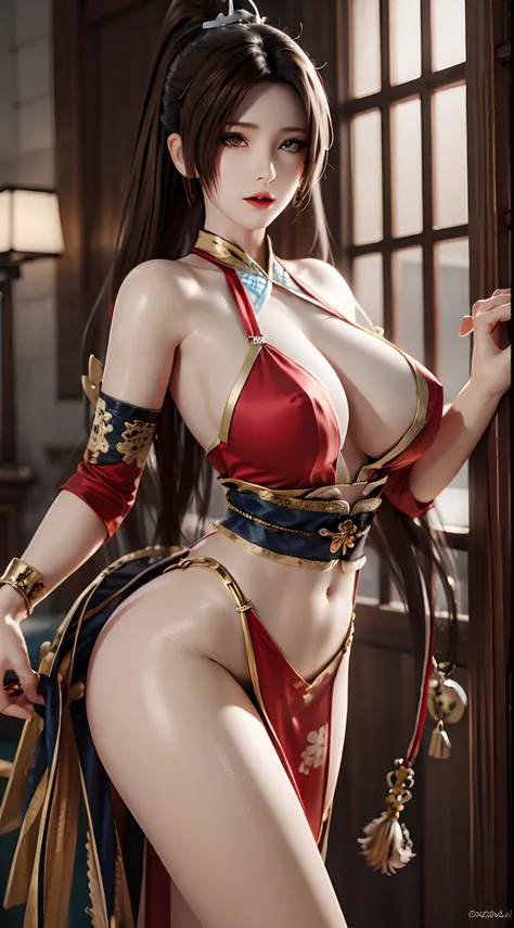 photorealistic, high resolution, 1women, mature female, solo, blue eyes, hips up, jewelry, tattoo, maims, large breasts, pelvis curtain, red japanese clothes, revealing clothes, cleavage, rope, sash