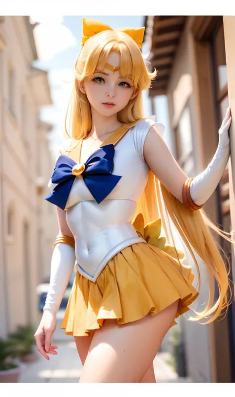 arafed woman in a costume posing for a picture, sailorvenus、a sexy、beautiful facial features、ayaka cosplay, the sailor galaxia. ...