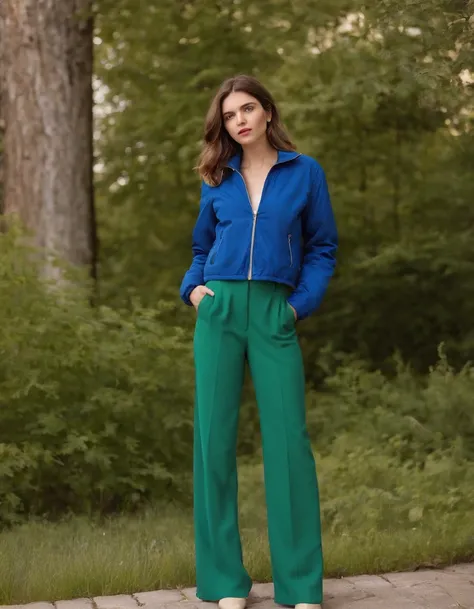 a young woman wearing a blue jacket and green pants, in the style of color-blocked shapes, inna mosina, voluminous forms, new american color photography, heatwave, full body, elongated,(upper body)