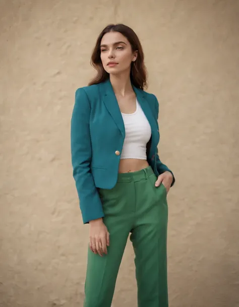 a young woman wearing a blue jacket and green pants, in the style of color-blocked shapes, inna mosina, voluminous forms, new american color photography, heatwave, full body, elongated,(upper body)