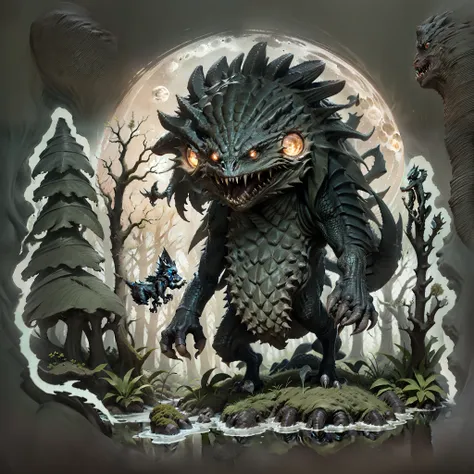 a cute monster sticker（a black scaly monster walking on four legs）, a cute rider, a full moon, a deep forest, and a mysterious i...